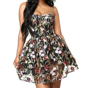 L'atiste Strapless Embellished Embroidered Mini Dress